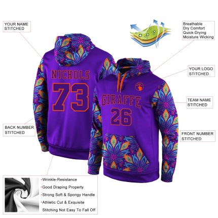 Custom Purple-Orange 3D Pattern Sports Hoodie with Personalized Name and Number - Stitched Pullover Sweatshirt Personalized