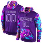 Custom Name & Number Sports Hoodie, 3D Pattern Design in Purple & White, Personalized Stitched Pullover Sweatshirt Personalized