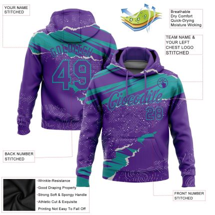 Custom Name and Number Sports Hoodie with 3D Torn Paper Design - Personalized Teal and Purple Pullover Sweatshirt Personalized