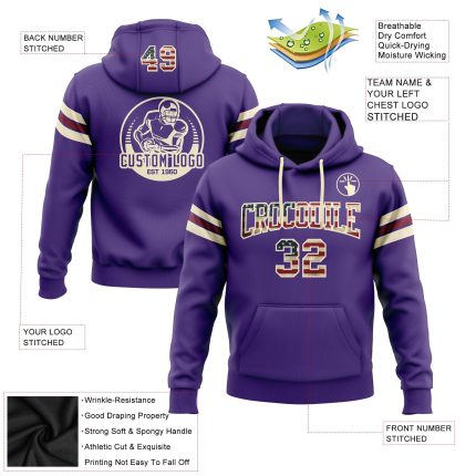 Custom Name Number Vintage USA Flag Purple Football Hoodie Pullover Sweatshirt Cream Crimson Stitched Design Personalized