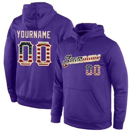 Custom Personalized Purple Vintage USA Flag Hoodie with Team Name and Number - Cream Sports Pullover Sweatshirt Personalized
