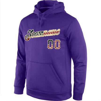 Custom Personalized Purple Vintage USA Flag Hoodie with Team Name and Number - Cream Sports Pullover Sweatshirt Personalized