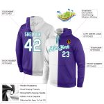 Custom Name and Number Stitched Hoodie, Purple White Aqua Split Sports Pullover Sweatshirt Personalized Stitched Purple White-Aqua