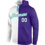 Custom Name and Number Stitched Hoodie, Purple White Aqua Split Sports Pullover Sweatshirt Personalized Stitched Purple White-Aqua
