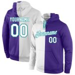 Custom Name and Number Stitched Hoodie, Purple White Aqua Split Sports Pullover Sweatshirt Personalized Stitched Purple White-Aqua