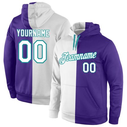 Custom Name and Number Stitched Hoodie, Purple White Aqua Split Sports Pullover Sweatshirt Personalized Stitched Purple White-Aqua