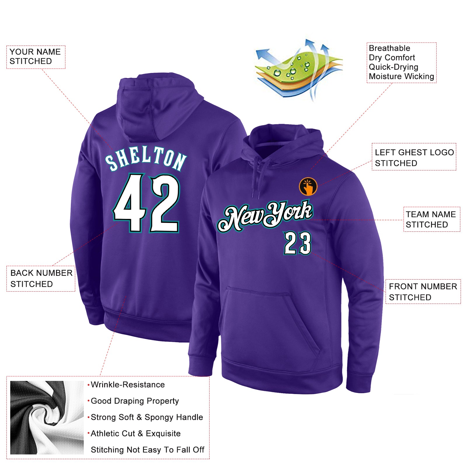 Personalized Stitched Purple White-Aqua Sports Pullover Sweatshirt Hoodie Team Custom Name and Number Custom Name and Number Purple White-Aqua Sports Hoodie Pullover Sweatshirt - Personalized Team Apparel Personalized Stitched - Image 4