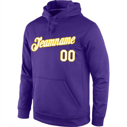 Custom Name Number Sports Pullover Hoodie Sweatshirt in Purple and White-Gold - Personalized Team Apparel Personalized Stitched