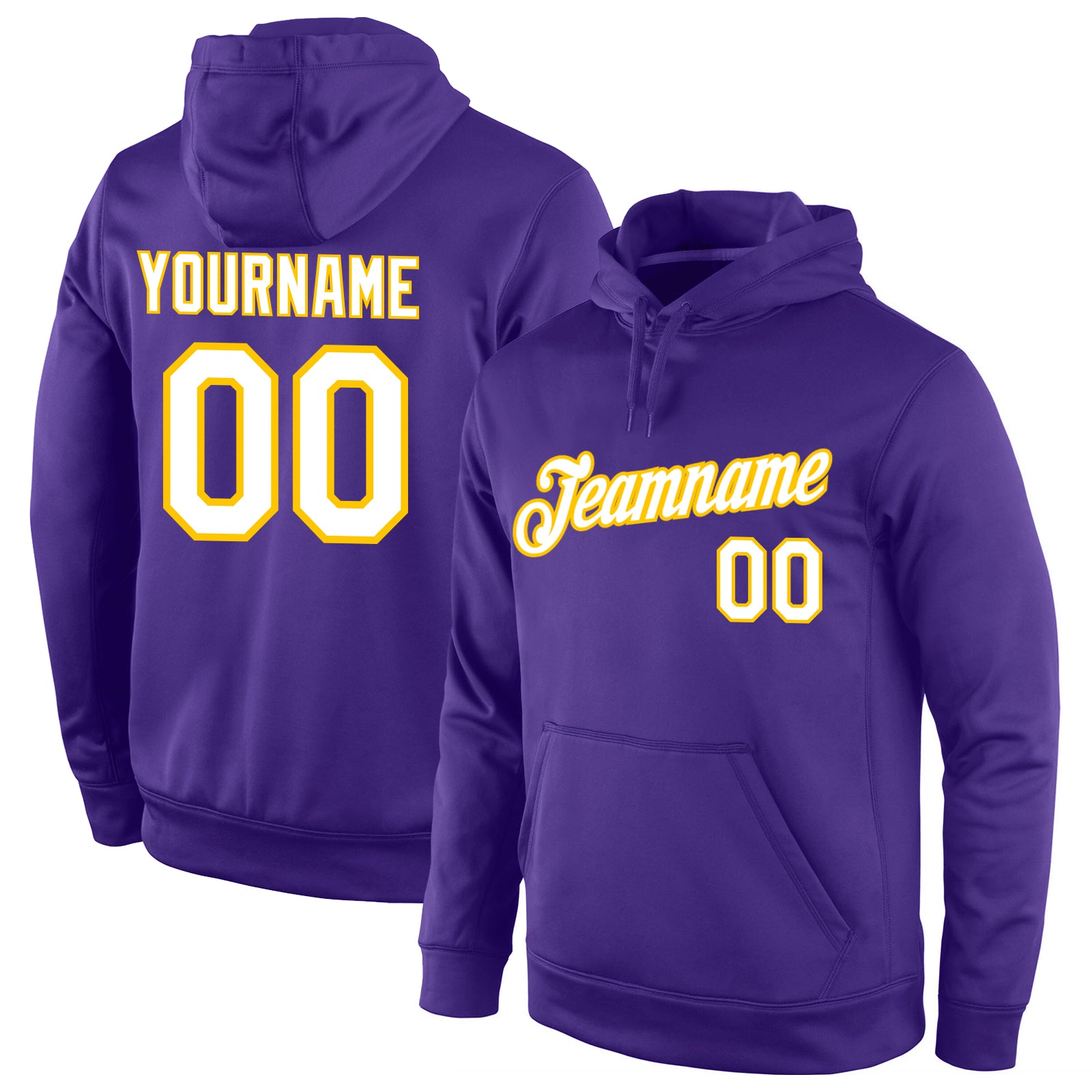 Custom Name Number Sports Pullover Hoodie Sweatshirt in Purple and White-Gold - Personalized Team Apparel Personalized Stitched