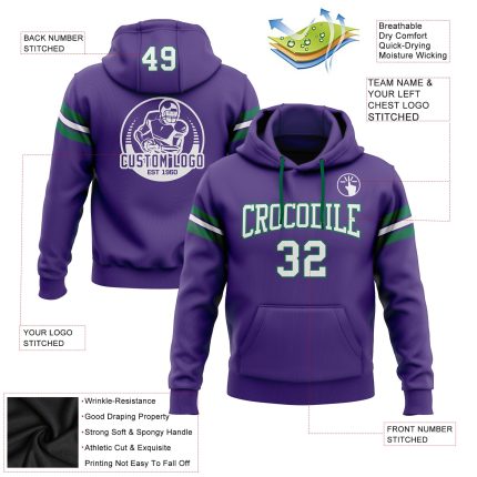 Custom Name Number Football Hoodie Sweatshirt - Personalized Stitched Purple White Kelly Green Team Apparel Personalized