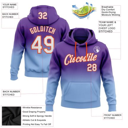Custom Team Hoodie with Name & Number - Personalized Purple Light Blue-Orange Fade Stitched Pullover Sweatshirt Personalized