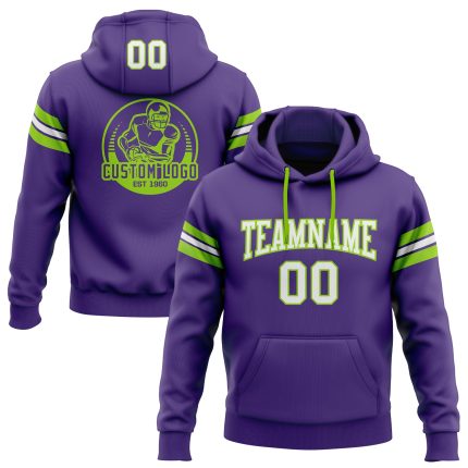 Custom Name Number Purple White Neon Green Football Hoodie Pullover Sweatshirt - Personalized Team Apparel Personalized Stitched