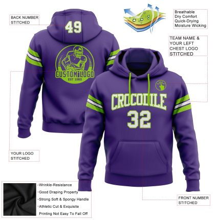 Custom Name Number Purple White Neon Green Football Hoodie Pullover Sweatshirt - Personalized Team Apparel Personalized Stitched