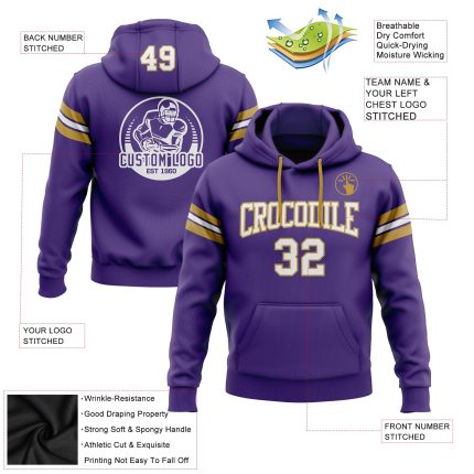 Custom Name Number Hoodie Sweatshirt for Football Team, Personalized Stitched in Purple White Old Gold Pullover Personalized