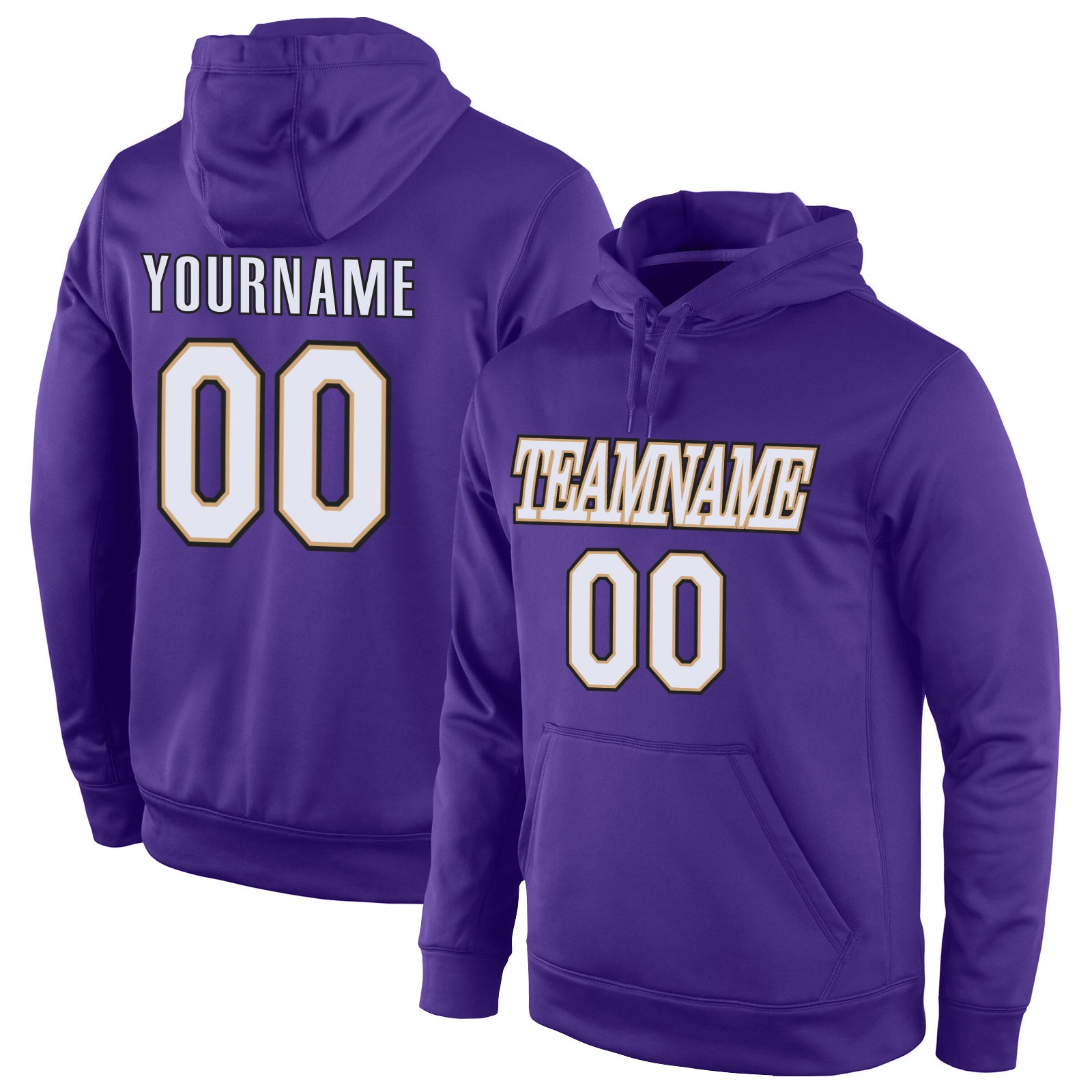 Custom Sports Hoodie with Stitched Name and Number - Purple White Old Gold Pullover Sweatshirt Personalized Stitched Purple