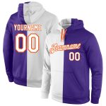 Personalized Sports Hoodie with Custom Name & Number, Purple White-Orange Split Pullover Sweatshirt for Team Fans Personalized
