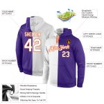 Personalized Sports Hoodie with Custom Name & Number, Purple White-Orange Split Pullover Sweatshirt for Team Fans Personalized