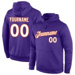 Custom Name Number Sports Hoodie Pullover Sweatshirt in Purple White Orange - Personalized Team Apparel Personalized Stitched