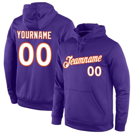 Custom Name Number Sports Hoodie Pullover Sweatshirt in Purple White Orange - Personalized Team Apparel Personalized Stitched