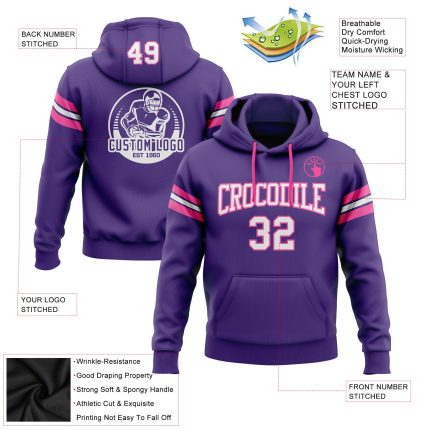 Custom Name Number Football Hoodie Personalized Stitched Purple White Pink Pullover Sweatshirt Personalized Stitched Purple