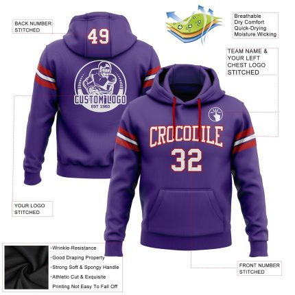Custom Name Number Hoodie Sweatshirt for Football - Personalized Purple White-Red Stitched Pullover Personalized Stitched