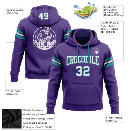 Custom Name Number Personalized Football Hoodie Sweatshirt Stitched Purple White Teal Personalized Stitched Purple White-Teal