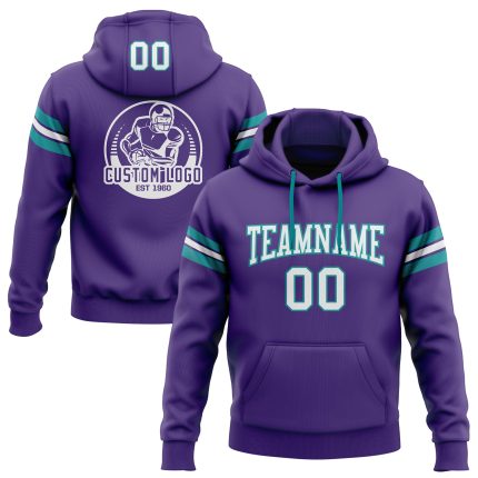 Custom Name Number Personalized Football Hoodie Sweatshirt Stitched Purple White Teal Personalized Stitched Purple White-Teal
