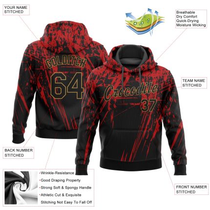 Personalized 3D Pattern Sports Hoodie in Red Black Old Gold - Stitched Pullover Sweatshirt Personalized Stitched Red Black-Old