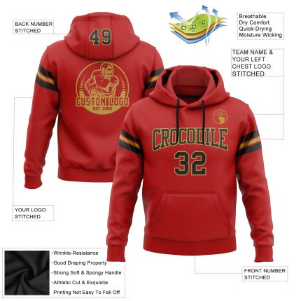 Custom Name Number Personalized Football Hoodie Stitched Red Black Old Gold Pullover Sweatshirt Personalized Stitched Red