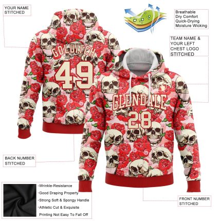 Custom Name Number 3D Skull Pullover Hoodie Red Cream Fashion Flower Sports Sweatshirt Personalized Stitched Red Cream 3D