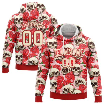 Custom Name Number 3D Skull Pullover Hoodie Red Cream Fashion Flower Sports Sweatshirt Personalized Stitched Red Cream 3D