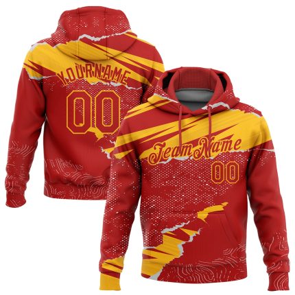Custom Team Name Number Hoodie, Personalized Red Gold 3D Torn Paper Design Sports Pullover Sweatshirt Personalized Stitched