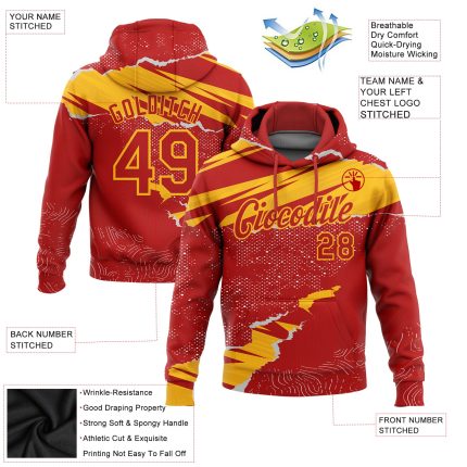 Custom Team Name Number Hoodie, Personalized Red Gold 3D Torn Paper Design Sports Pullover Sweatshirt Personalized Stitched