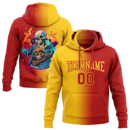 Custom Red Gold 3D Skull Hoodie Personalized Name & Number Fashion Sweatshirt for Sports Team Personalized Stitched Red Gold