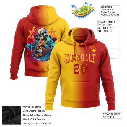 Custom Red Gold 3D Skull Hoodie Personalized Name & Number Fashion Sweatshirt for Sports Team Personalized Stitched Red Gold