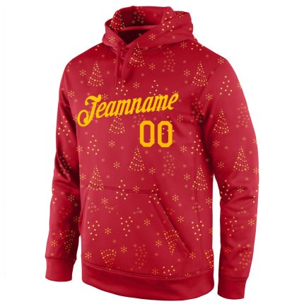 Custom Name Number 3D Christmas Hoodie Sports Pullover Sweatshirt Red Gold - Personalized Team Apparel Personalized Stitched