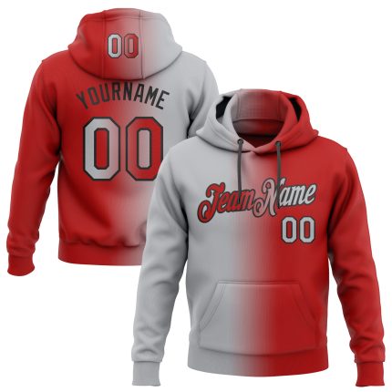 Custom Name & Number Sports Pullover Hoodie - Personalized Stitched Red Gray Black Gradient Fashion Sweatshirt Personalized