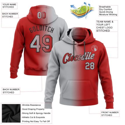Custom Name & Number Sports Pullover Hoodie - Personalized Stitched Red Gray Black Gradient Fashion Sweatshirt Personalized