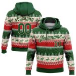 Custom Name and Number 3D Christmas Reindeer Hoodie - Personalized Stitched Red and Green Pullover Sweatshirt Personalized