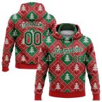 Custom Name and Number 3D Christmas Trees Hoodie Sweatshirt for Sports, Red Green-White Pullover Personalized Stitched Red