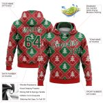 Custom Name and Number 3D Christmas Trees Hoodie Sweatshirt for Sports, Red Green-White Pullover Personalized Stitched Red