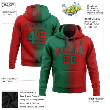 Personalized Custom Name and Number Sports Hoodie - Stitched Red Kelly Green-Black Gradient Pullover Sweatshirt Personalized