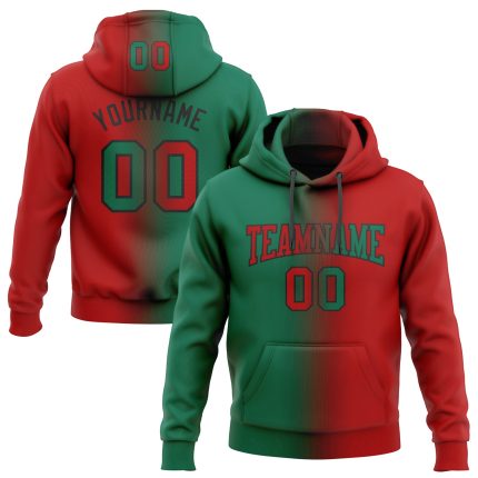 Personalized Custom Name and Number Sports Hoodie - Stitched Red Kelly Green-Black Gradient Pullover Sweatshirt Personalized