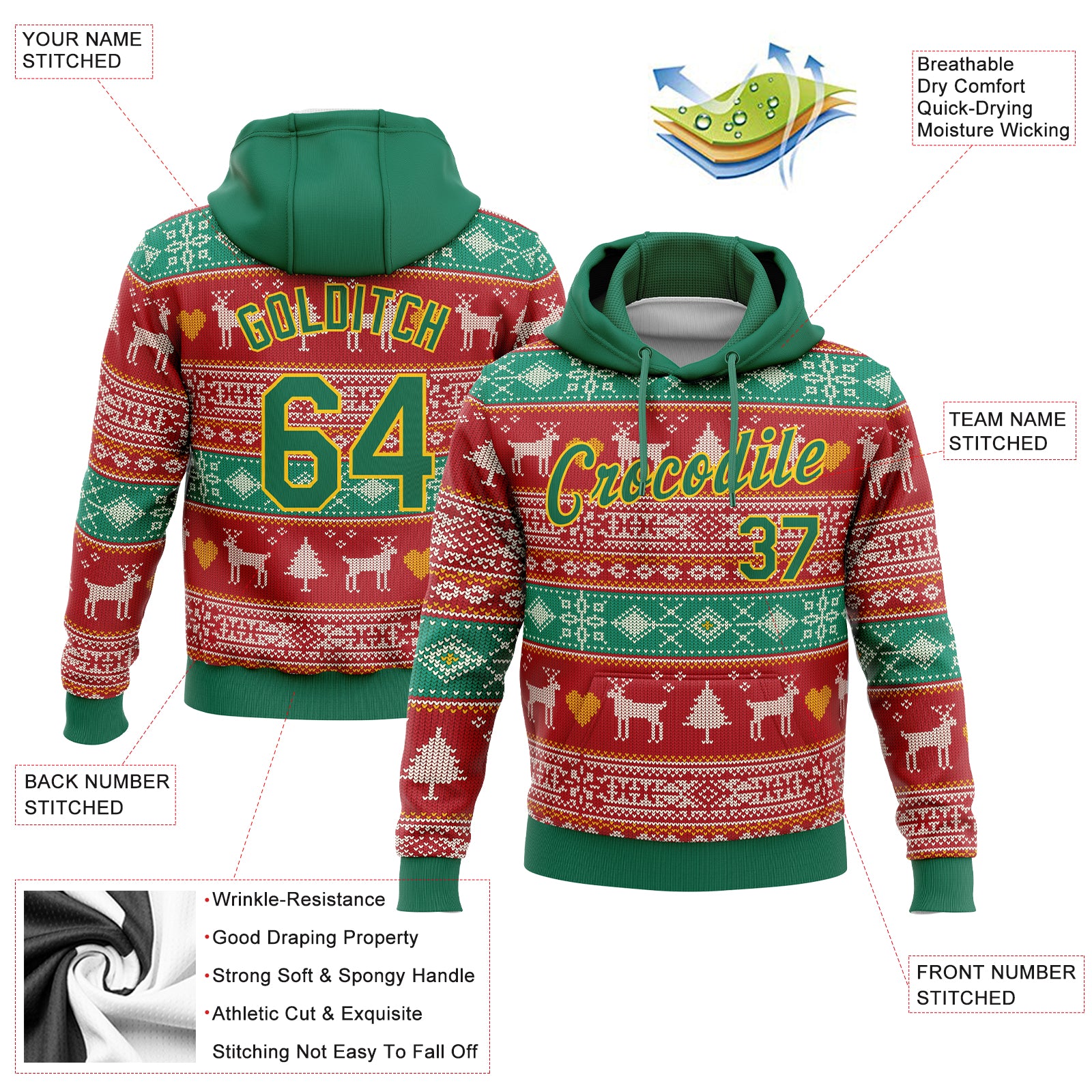 Personalized Stitched Red Kelly Green-Gold 3D Christmas Reindeers Sports Pullover Sweatshirt Hoodie Team Custom Name and Number Custom Name Number Christmas Reindeer Hoodie Sweatshirt - Personalized Stitched Red Green Gold 3D Pullover for Team Personalized - Image 2