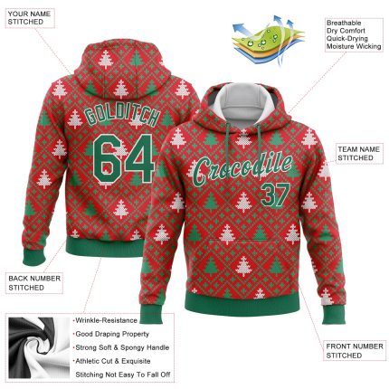 Personalized 3D Christmas Trees Hoodie, Red Kelly Green-White Sports Pullover Sweatshirt Personalized Stitched Red Kelly