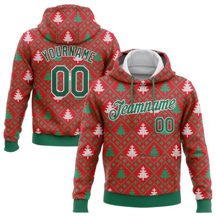 Personalized 3D Christmas Trees Hoodie, Red Kelly Green-White Sports Pullover Sweatshirt Personalized Stitched Red Kelly