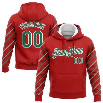 Custom Name & Number Red Kelly Green-White Christmas 3D Sports Hoodie Pullover Sweatshirt for Team Personalized Stitched