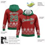 Custom Name Number 3D Sports Hoodie with Christmas Snowflakes in Red Kelly Green White - Personalized Pullover Sweatshirt