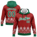 Custom Name Number 3D Sports Hoodie with Christmas Snowflakes in Red Kelly Green White - Personalized Pullover Sweatshirt
