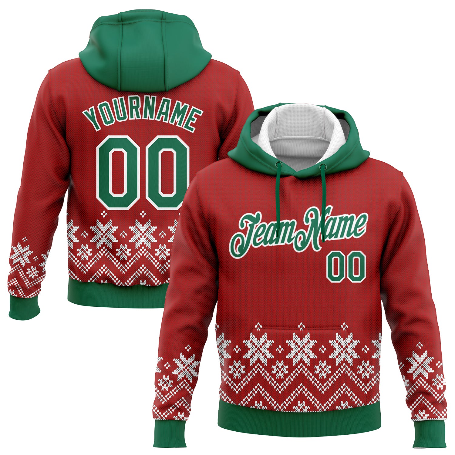 Custom Name Number 3D Sports Hoodie with Christmas Snowflakes in Red Kelly Green White - Personalized Pullover Sweatshirt